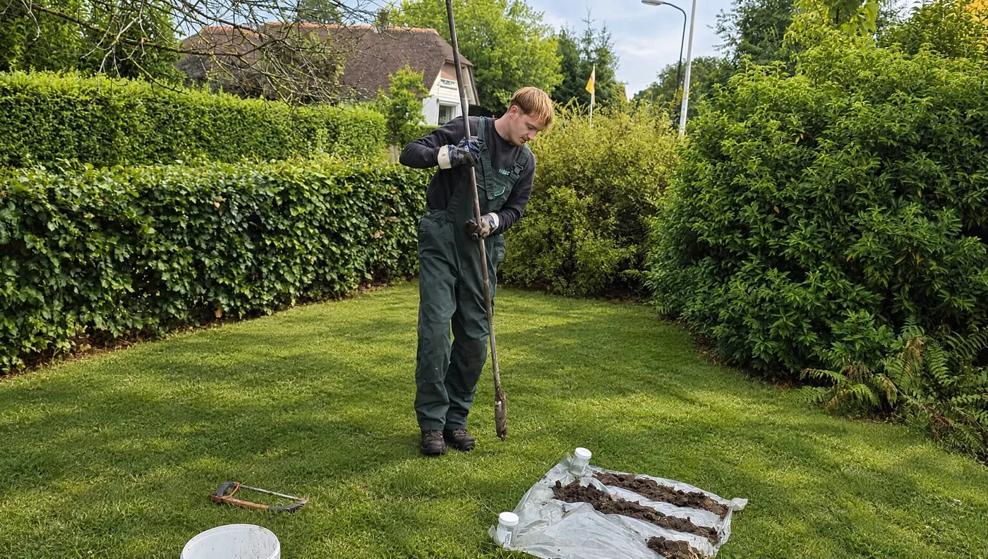 Veldwerker van Sigma boort een grondmonster in een voortuin